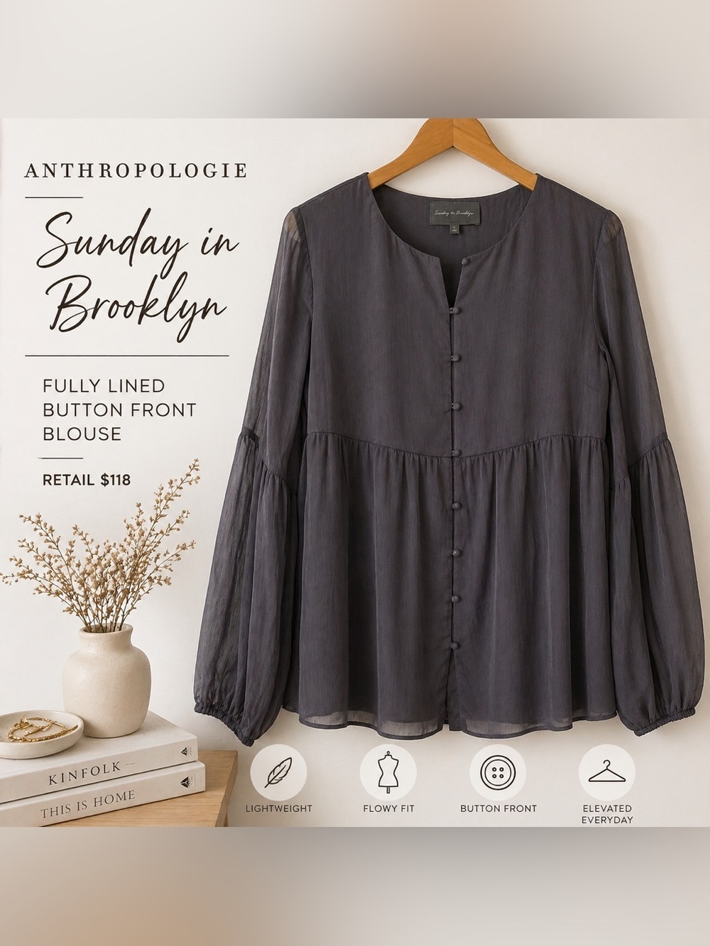 ANTHROPOLOGIE Sunday in Brooklyn Button-Front Blouse Charcoal Fully lined SizeS